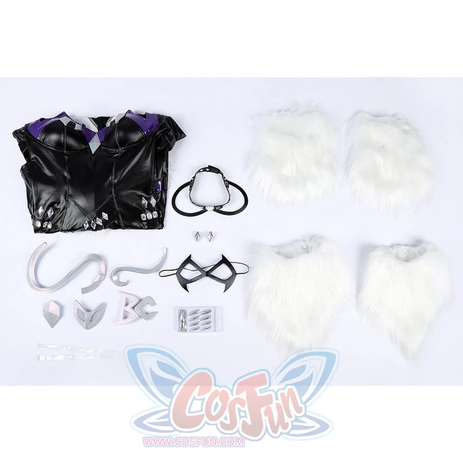 Marvel Rivals Black Cat Felicia Hardy cosplay costume flat lay gathers the bodysuit around the mask and accessories.