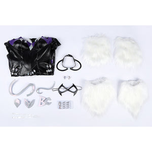 Marvel Rivals Black Cat Felicia Hardy cosplay costume flat lay gathers the bodysuit around the mask and accessories.