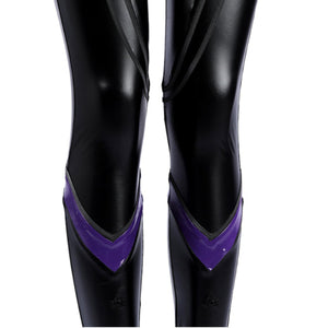 Marvel Rivals Black Cat Felicia Hardy cosplay leg covers back view pairs black gloss with purple ankle points.