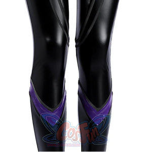 Marvel Rivals Black Cat Felicia Hardy cosplay leg covers back view pairs black gloss with purple ankle points.