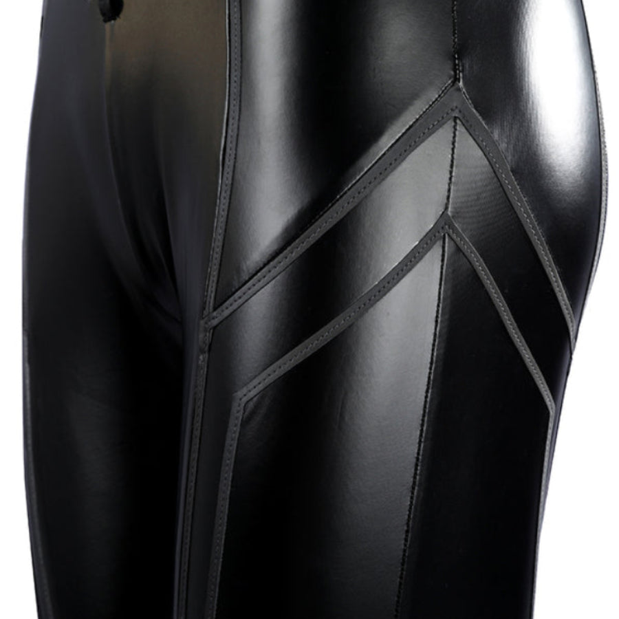 Marvel Rivals Black Cat Felicia Hardy cosplay leg panel detail follows black chevrons down glossy fabric.