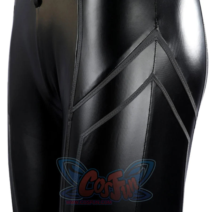 Marvel Rivals Black Cat Felicia Hardy cosplay leg panel detail follows black chevrons down glossy fabric.