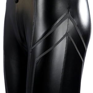 Marvel Rivals Black Cat Felicia Hardy cosplay leg panel detail follows black chevrons down glossy fabric.