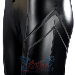 Marvel Rivals Black Cat Felicia Hardy cosplay leg panel detail follows black chevrons down glossy fabric.