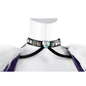 Marvel Rivals Black Cat Felicia Hardy cosplay necklace detail sets a gem-like blue pendant below the collar.