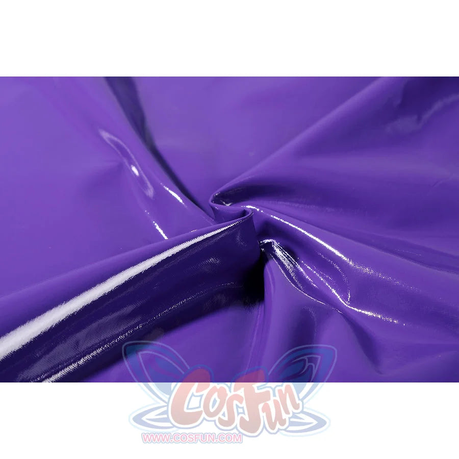 Marvel Rivals Black Cat Felicia Hardy cosplay costume purple fabric texture catches a bright glossy fold.