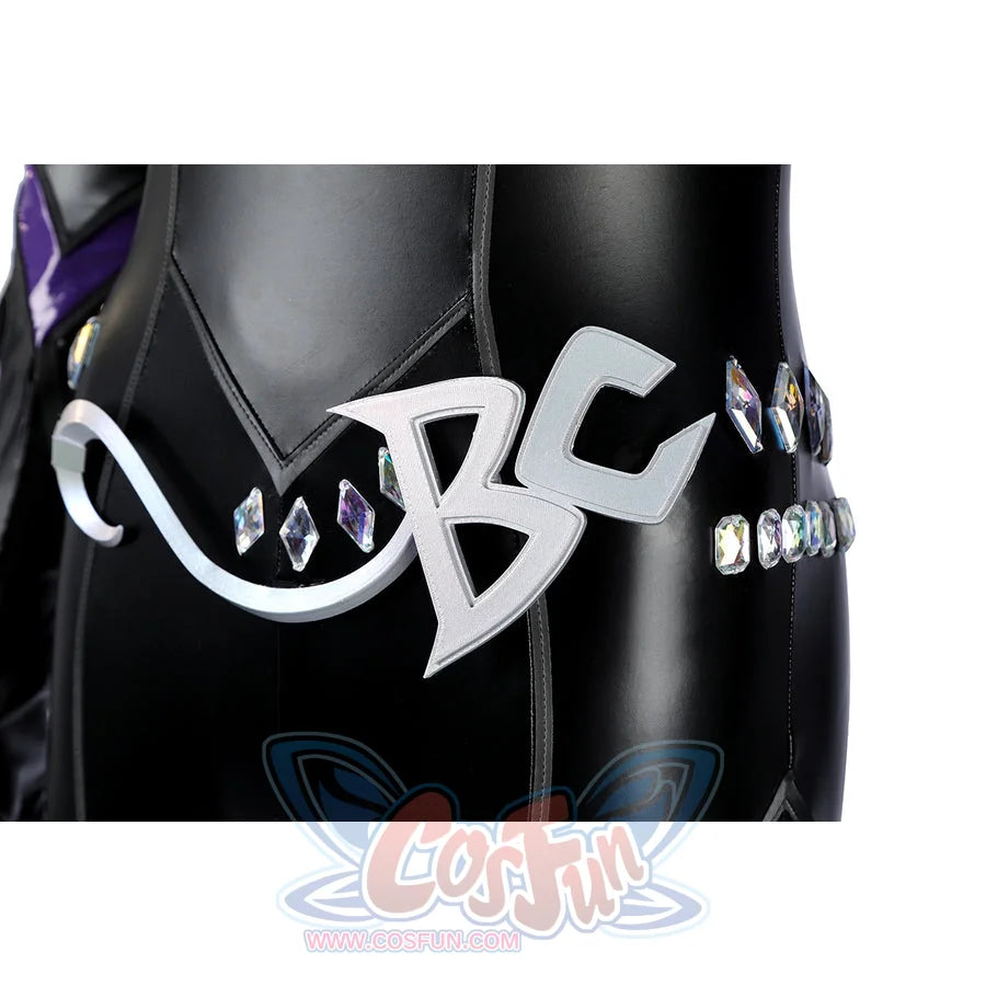 Marvel Rivals Black Cat Felicia Hardy cosplay waist chain anchors the silver-tone BC logo and gem trim.