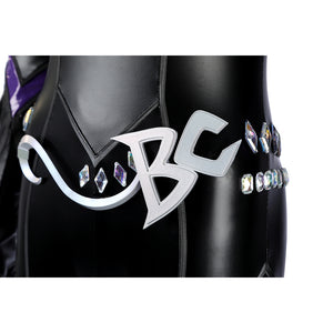 Marvel Rivals Black Cat Felicia Hardy cosplay waist chain anchors the silver-tone BC logo and gem trim.