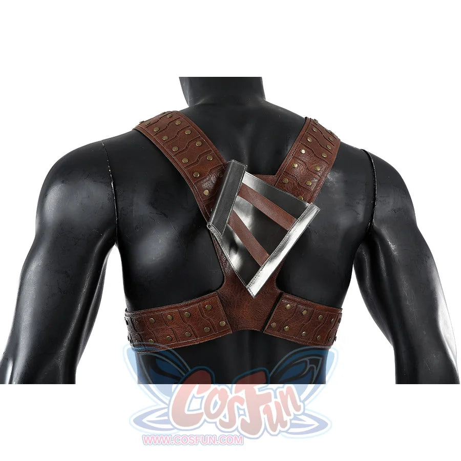 Masters of the Universe He-Man cosplay back harness detail shows crossed brown straps over the black top