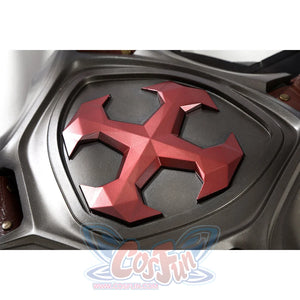 Masters of the Universe He-Man cosplay chest emblem close-up highlights the red cross set into gray armor