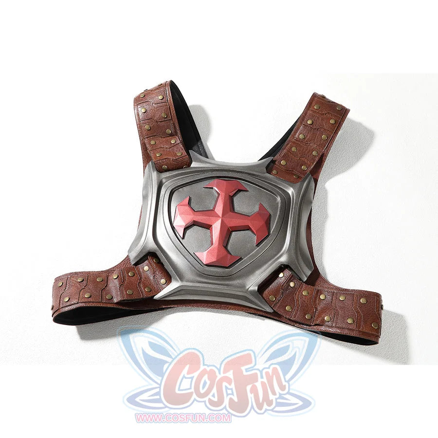 Masters of the Universe He-Man cosplay chest harness flat lay shows gray armor plates joined by brown straps