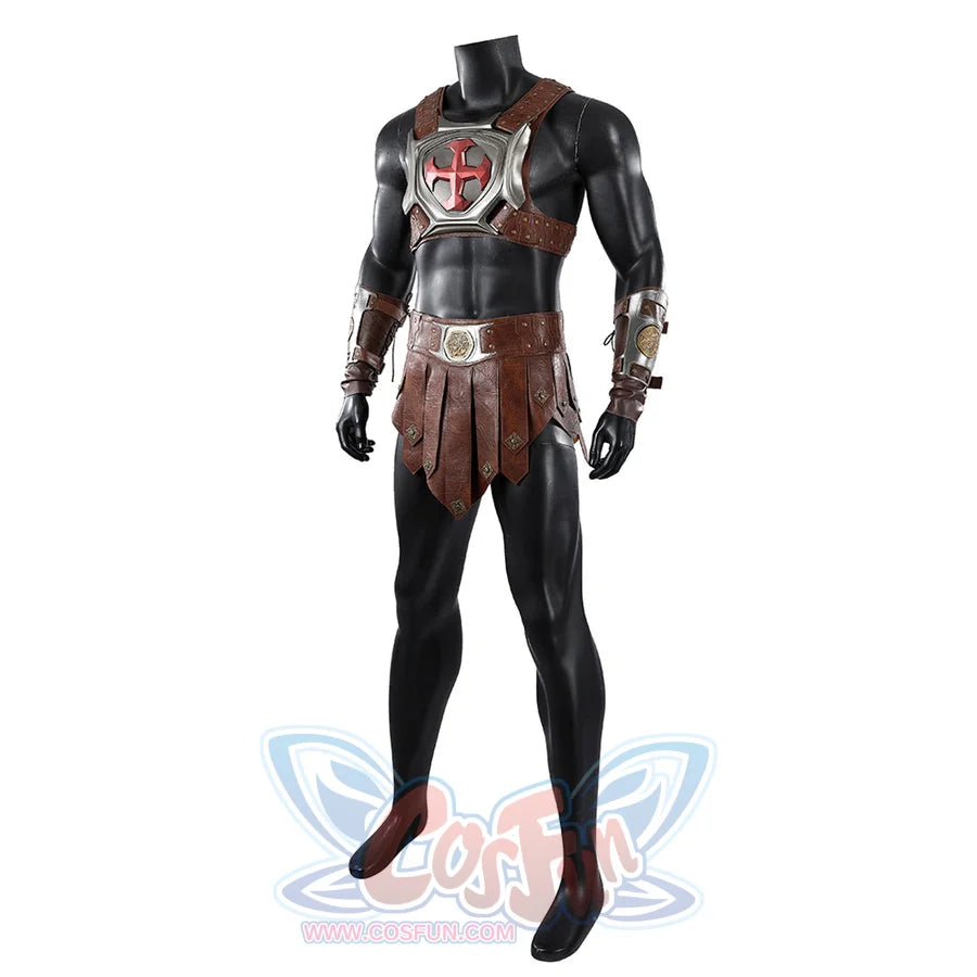 Masters of the Universe He-Man cosplay costume angled front view shows the chest harness above black leggings