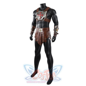 Masters of the Universe He-Man cosplay costume angled front view shows the chest harness above black leggings