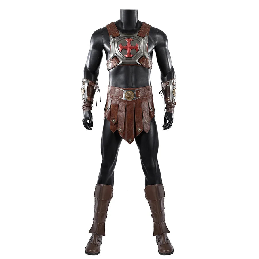COSFUN Masters of the Universe He-Man cosplay costume pairs a gray chest harness with a brown waist apron over black leggings