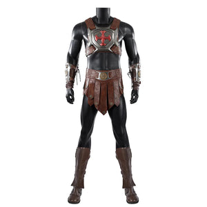 COSFUN Masters of the Universe He-Man cosplay costume pairs a gray chest harness with a brown waist apron over black leggings