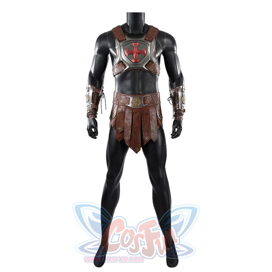 Masters of the Universe He-Man cosplay costume front view centers the gray chest harness over a brown waist apron