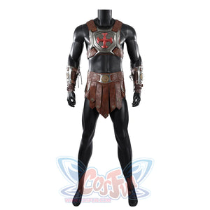 Masters of the Universe He-Man cosplay costume front view centers the gray chest harness over a brown waist apron