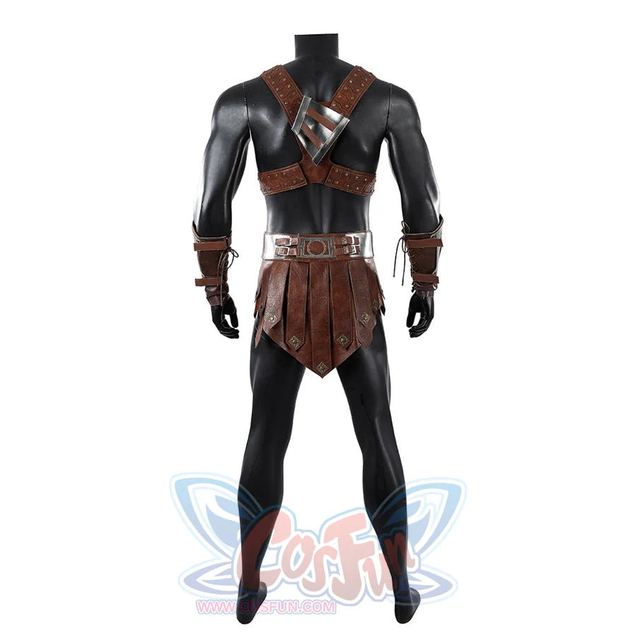 Masters of the Universe He-Man cosplay costume back view frames the brown straps and waist apron over black leggings