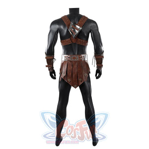 Masters of the Universe He-Man cosplay costume back view frames the brown straps and waist apron over black leggings