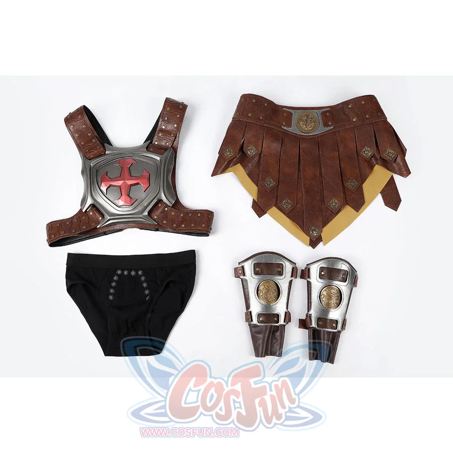Masters of the Universe He-Man cosplay costume flat lay arranges the chest harness, waist apron, leggings, and wristbands