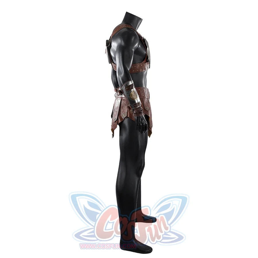 Masters of the Universe He-Man cosplay costume side view highlights the brown waist apron layered over black leggings