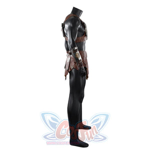 Masters of the Universe He-Man cosplay costume side view highlights the brown waist apron layered over black leggings