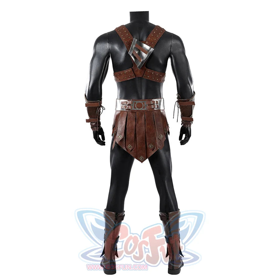 COSFUN Masters of the Universe He-Man cosplay costume pairs a gray chest harness with a brown waist apron over black leggings