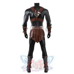 Masters of the Universe He-Man cosplay costume back view shows crossed brown straps above the waist apron and black leggings
