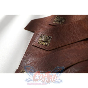 Masters of the Universe He-Man cosplay shoulder strap detail shows brown textured panels over gray trim