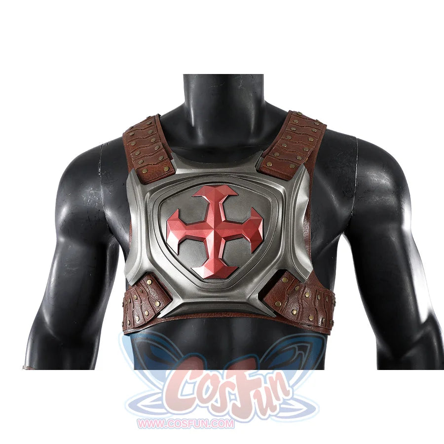 Masters of the Universe He-Man cosplay top detail centers the gray harness and red cross emblem over a black chest