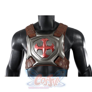 Masters of the Universe He-Man cosplay top detail centers the gray harness and red cross emblem over a black chest