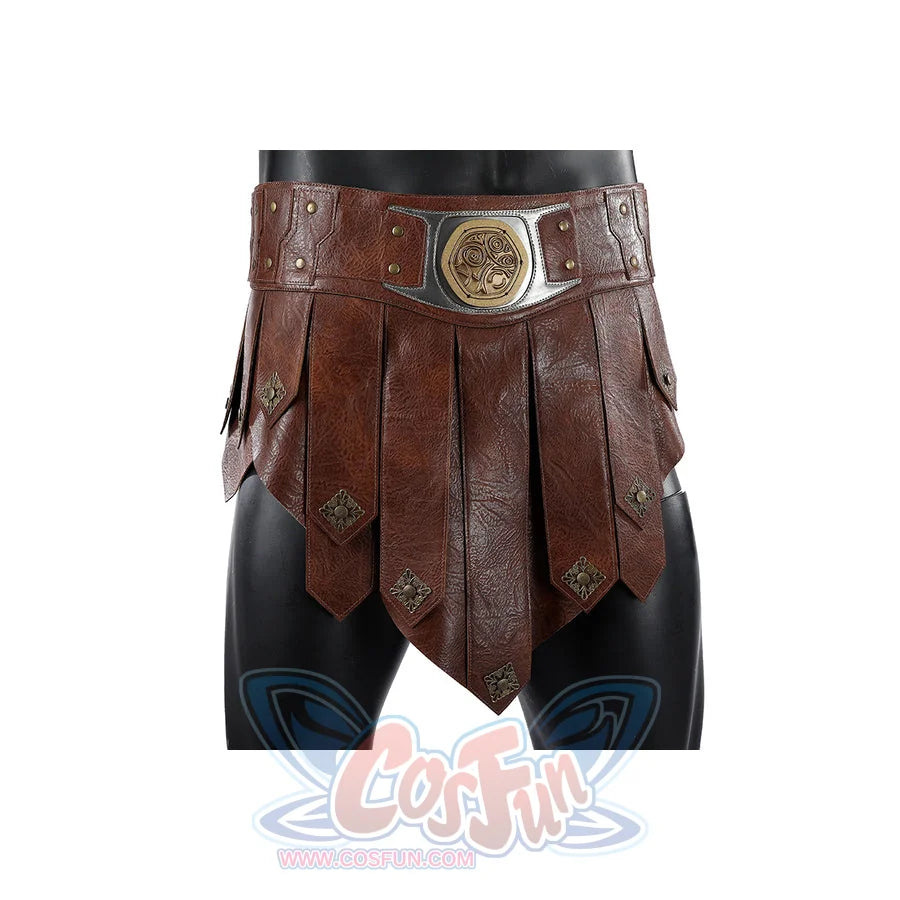Masters of the Universe He-Man cosplay waist apron front view shows brown pleated panels below a wide belt