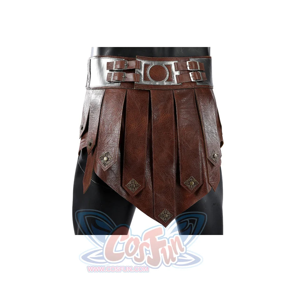 Masters of the Universe He-Man cosplay waist apron detail shows brown panels beneath a slim belt