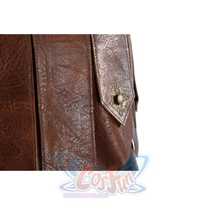 Masters of the Universe He-Man cosplay waist apron close-up focuses on brown textured panels and small rivets