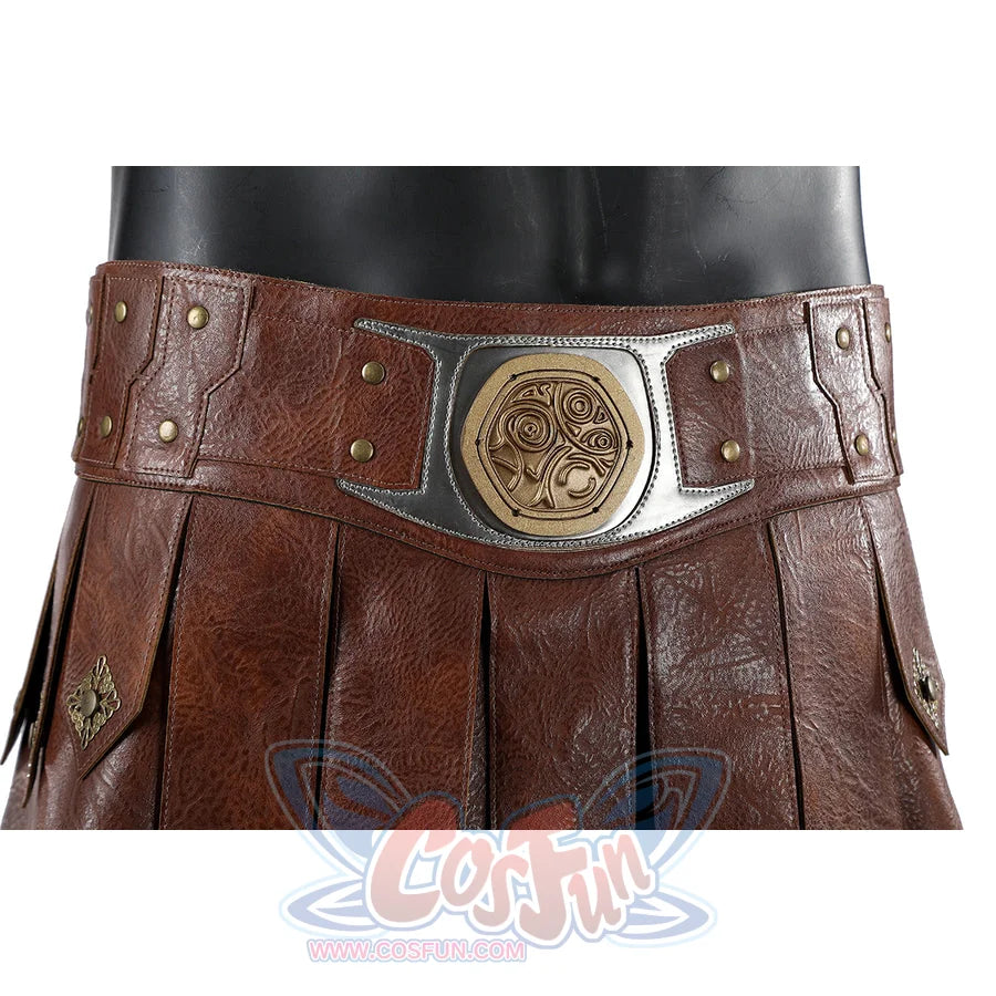 Masters of the Universe He-Man cosplay belt detail centers the gold-tone medallion above brown pleated panels