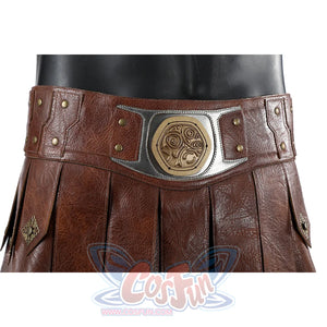 Masters of the Universe He-Man cosplay belt detail centers the gold-tone medallion above brown pleated panels