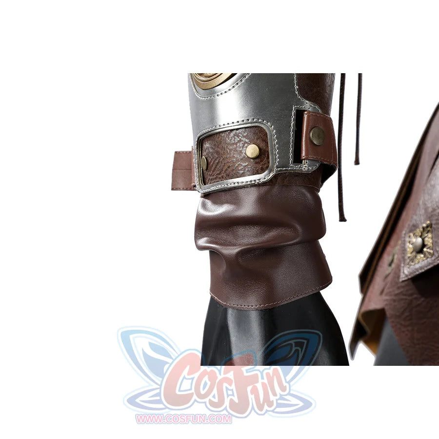 Masters of the Universe He-Man cosplay wristband close-up highlights brown cuff layers beneath gray trim