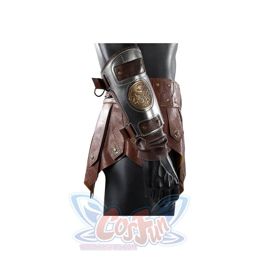 Masters of the Universe He-Man cosplay wristband detail sits beside the brown waist apron in a side view