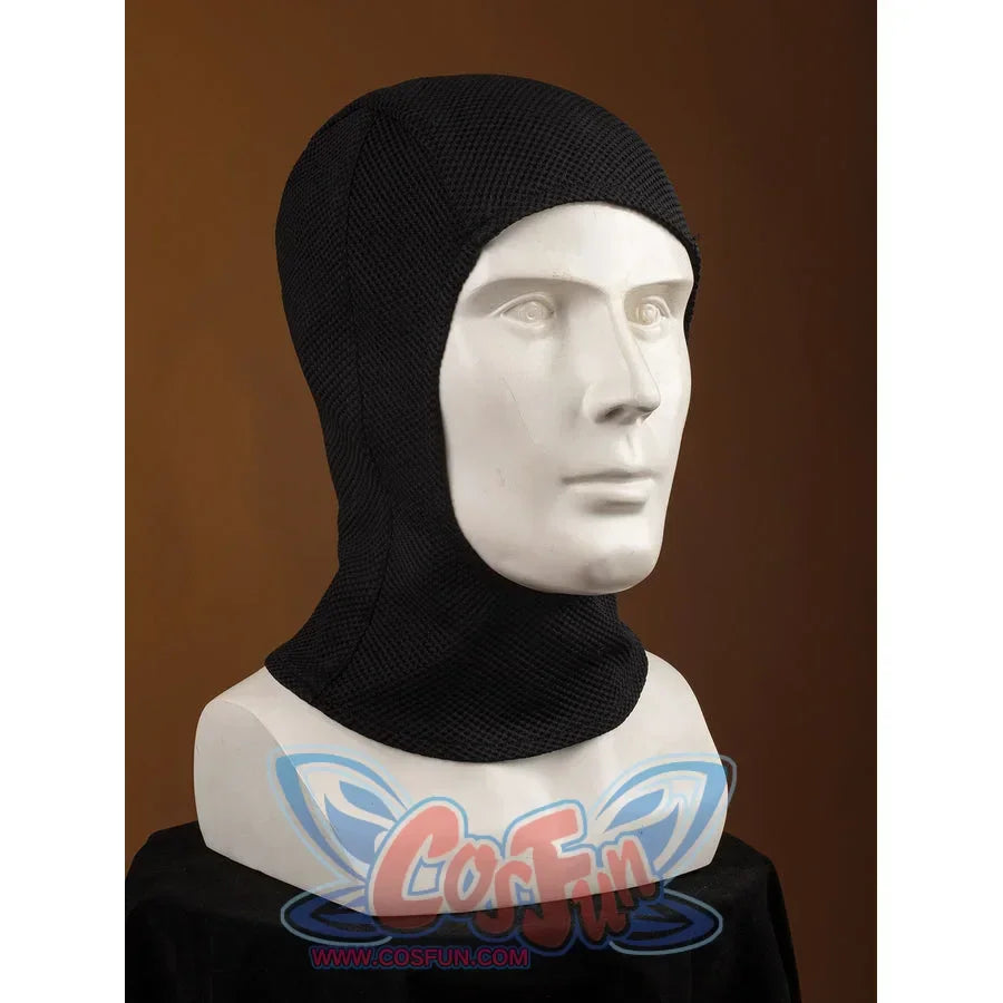 Matt Murdock cosplay hood angled view follows a smooth black crown into a close-fitting neck covering.