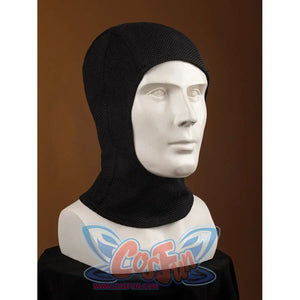 Matt Murdock cosplay hood angled view follows a smooth black crown into a close-fitting neck covering.