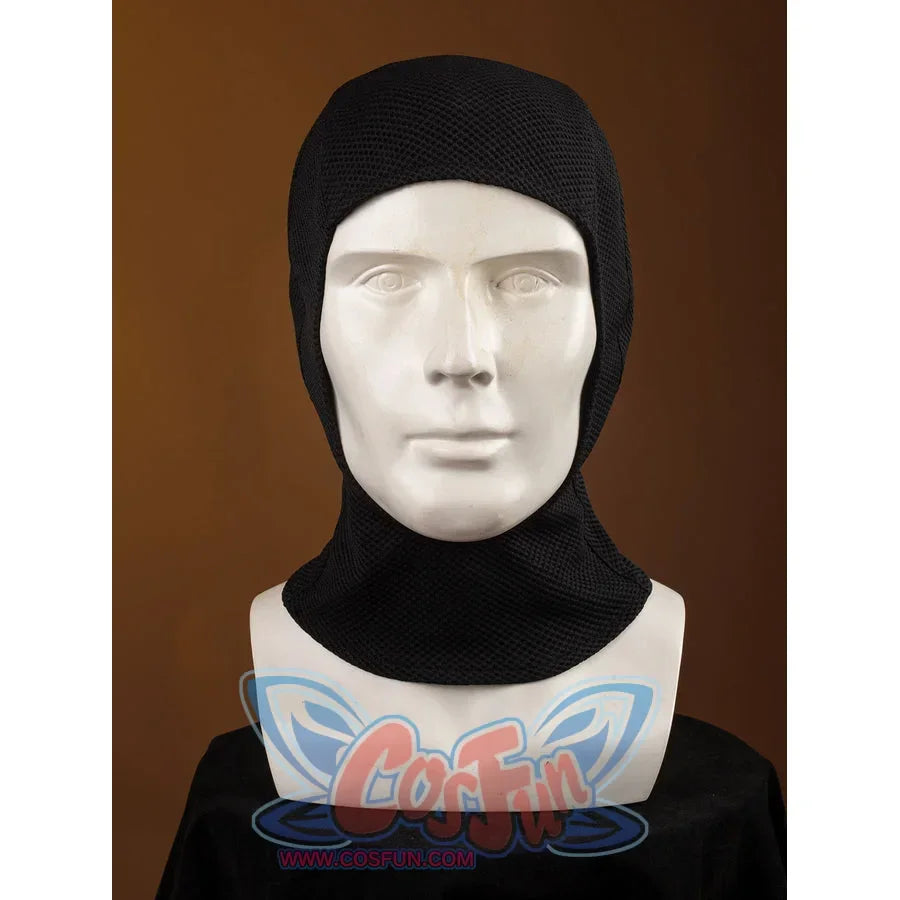 Matt Murdock cosplay hood front view contours the head and extends into a fitted black neck covering.