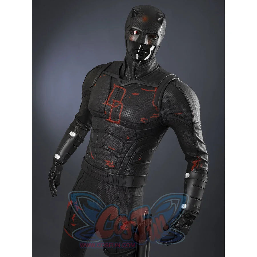 Matt Murdock black cosplay set frames the body with reinforced armor guards and textured fabric across the chest and arms.
