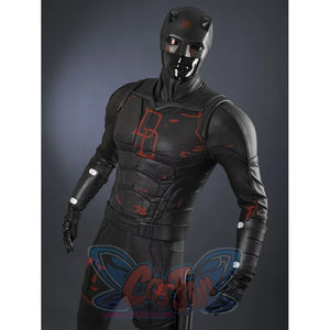 Matt Murdock black cosplay set frames the body with reinforced armor guards and textured fabric across the chest and arms.