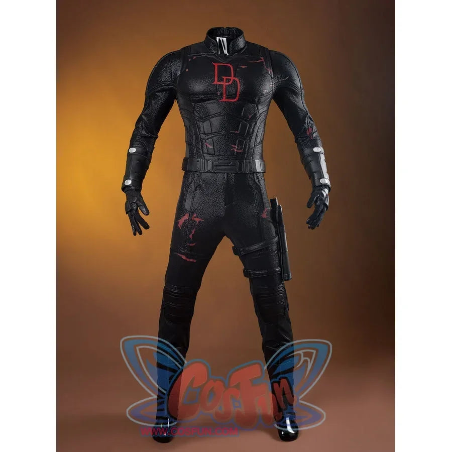 Matt Murdock cosplay costume front view centers the red chest emblem above a paneled black waist and thighs.