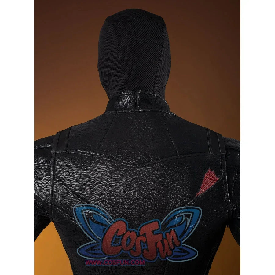 Matt Murdock cosplay costume back shoulder detail frames a small red accent within smooth black panels.