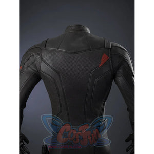 Matt Murdock black cosplay bodysuit frames the back with textured fabric layers and balanced red triangular detailing.