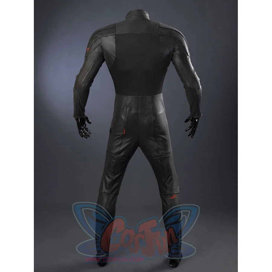 Matt Murdock black cosplay suit traces the silhouette with stretch knit fabric and intricate snake pattern faux leather.