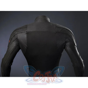 Matt Murdock black cosplay bodysuit frames the torso with textured snake-pattern faux leather panels and matte fabric.