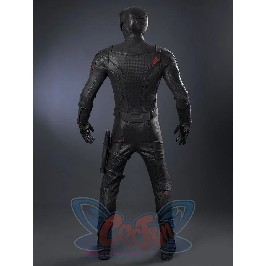 Matt Murdock black cosplay outfit includes a textured bodysuit with an integrated belt and leg holster equipment pieces.