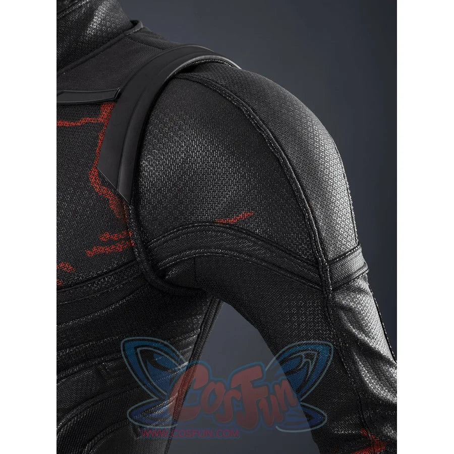 Matt Murdock black cosplay bodysuit layers textured black fabric with red accents and reinforced shoulder armor pieces.